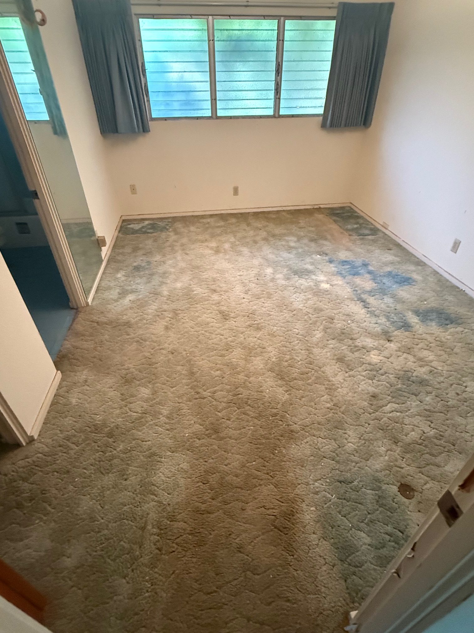 second bedroom, old carpet, no AC unit