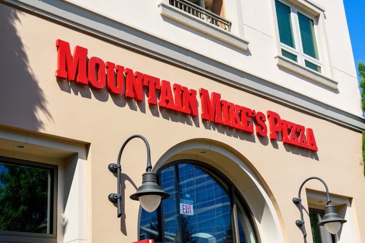 Mountain Mike Pizza sign and logo above the entrance to chain pizzeria restaurant - Santa Clara, California, USA - September 12, 2023